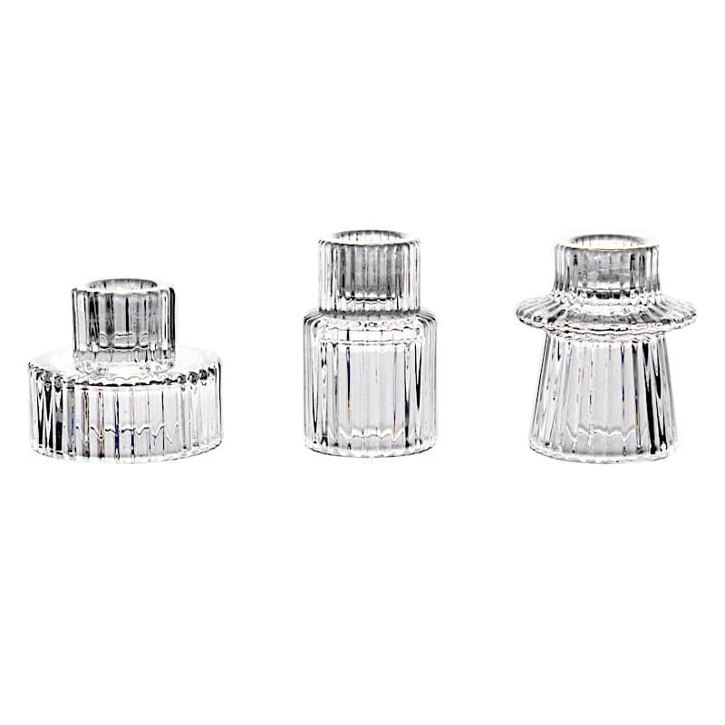 6 Mini Clear 3 in Round Ribbed Glass Taper Candle Holders Centerpieces Wedding Party Event Reception Decorations Supplies