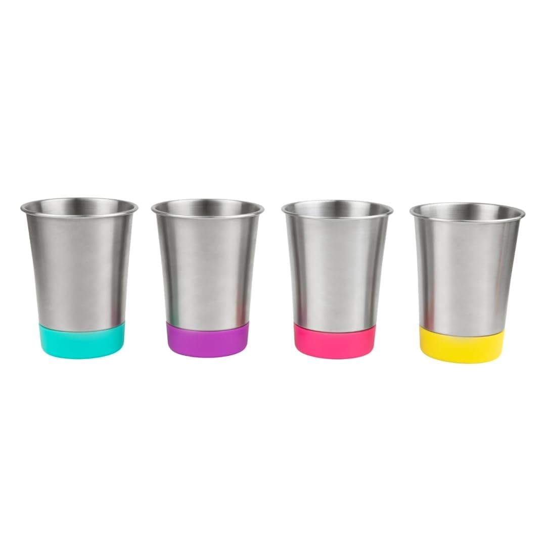 Elk and Friends Stainless Steel Kids + Toddler Drinking Cups | 12oz Tumblers with Colored Base | Durable + Stackable | Travel, Camping + Outdoors | Dishwasher Safe | 4 Pack