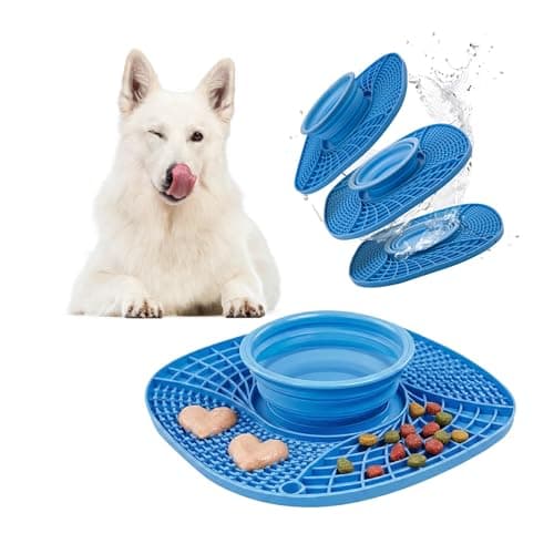 BelleBête & Co. 3-in-1 Pet Slow Feeder Lick Mat with Collapsible Bowl for Dog & Cat – Food-Grade Material & Non-Slip Base for Kibble, Dry and Wet Food, Digestive Health & Reduce Anxiety | Blue