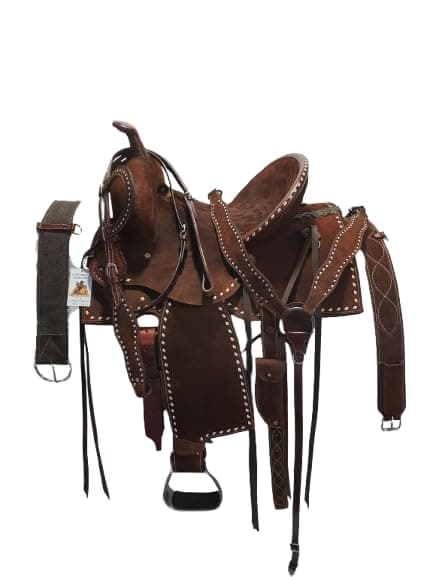 CUSTOMIZED SADDLERY Leather Western Barrel Saddle 17" with Combo Matching Headstall, Breast Collar, Front and Back Cinches Copper Rivets & Conchos (17 inches, Burnt Brown)