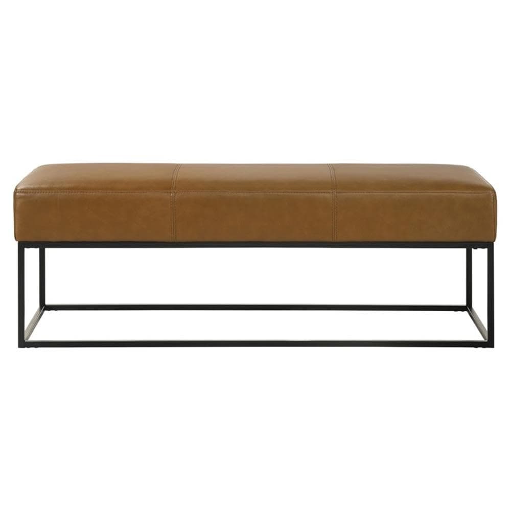 Maya 48" Wide Mid Century Modern Genuine Leather Metal Frame Bench in Tan