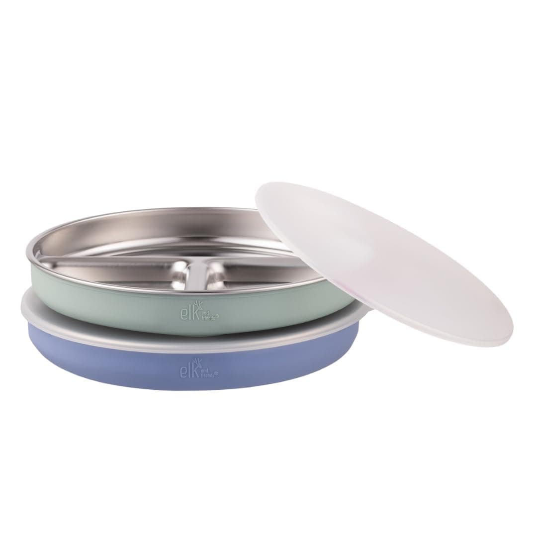 Elk and Friends Kids Stainless Steel Divided Plates with Silicone Sleeves | Lids Included | Suitable for Babies/Toddlers | Dishwasher Safe | Non Slip Dinnerware | Snack Dishes | 2 Pack