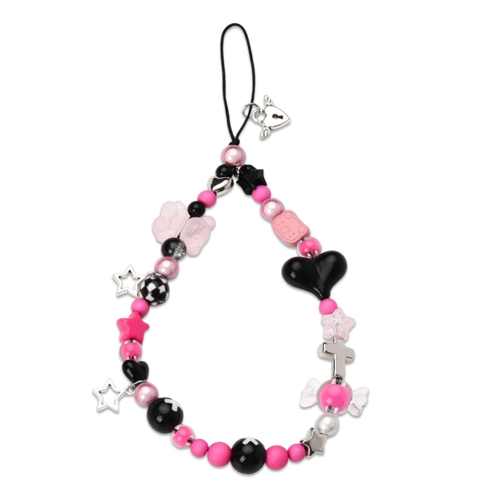 Cute Y2k Phone Charm Strap Pink Purple Wristlet Lanyard for Women Aesthetic Candy Color Acrylic Beads Cross Phone Chain Straps with Black Heart Phone Charms Fashion Wrist Straps for Phones Keys