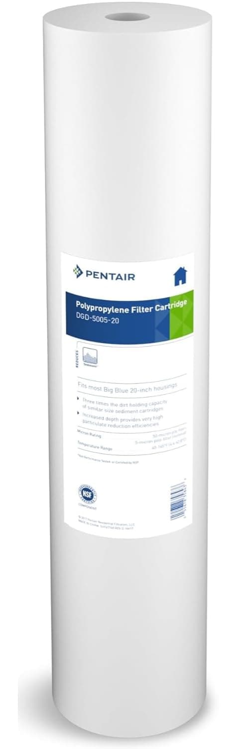 Pentair Pentek DGD-5005-20 Big Blue Water Filter, 20-Inch Whole House Sediment Filter Cartridge Replacement, Dual-Gradient Density Spun Polypropylene, 20" x 4.5", 5 Micron, Pack of 1, White