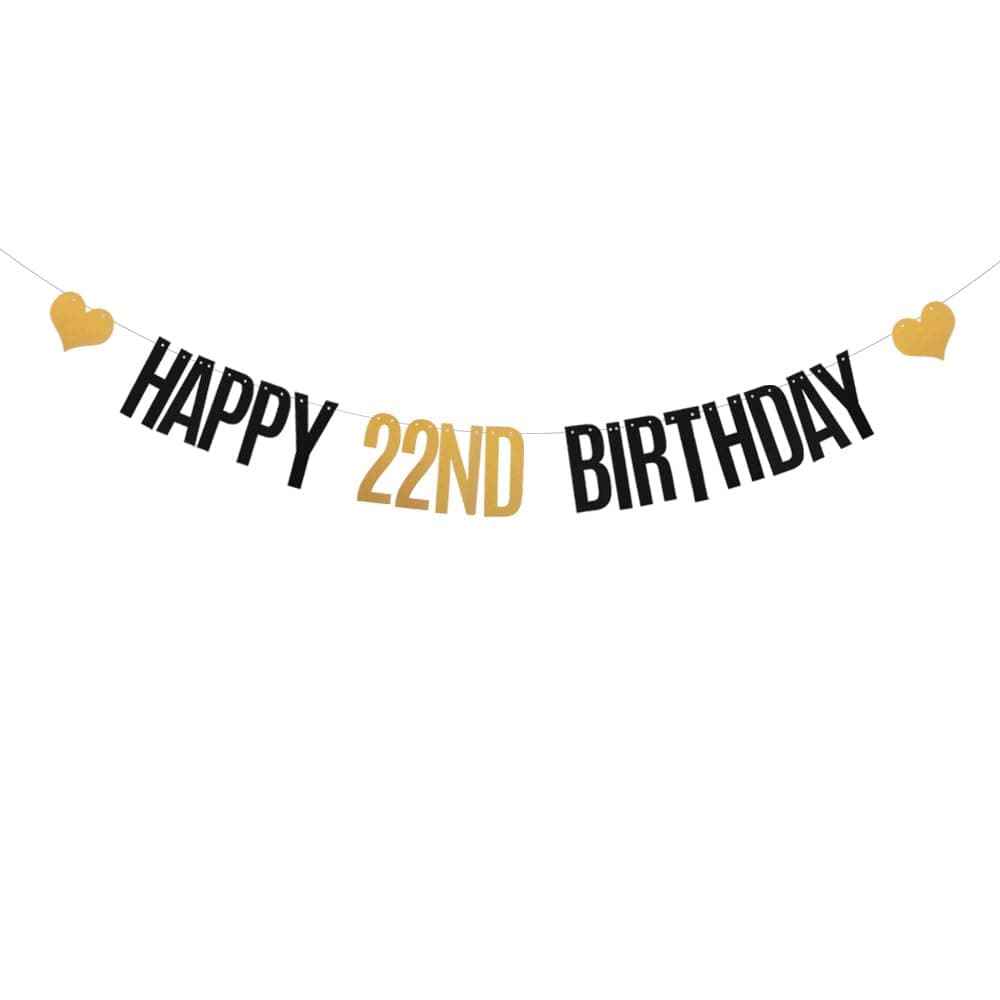 DONGLYJL Black and Gold Glitter Happy 22nd Birthday Banner for 22 Years Old 22th Birthday Party Decorations Supplies Pre-Strung HAPPY 22ND BIRTHDAY