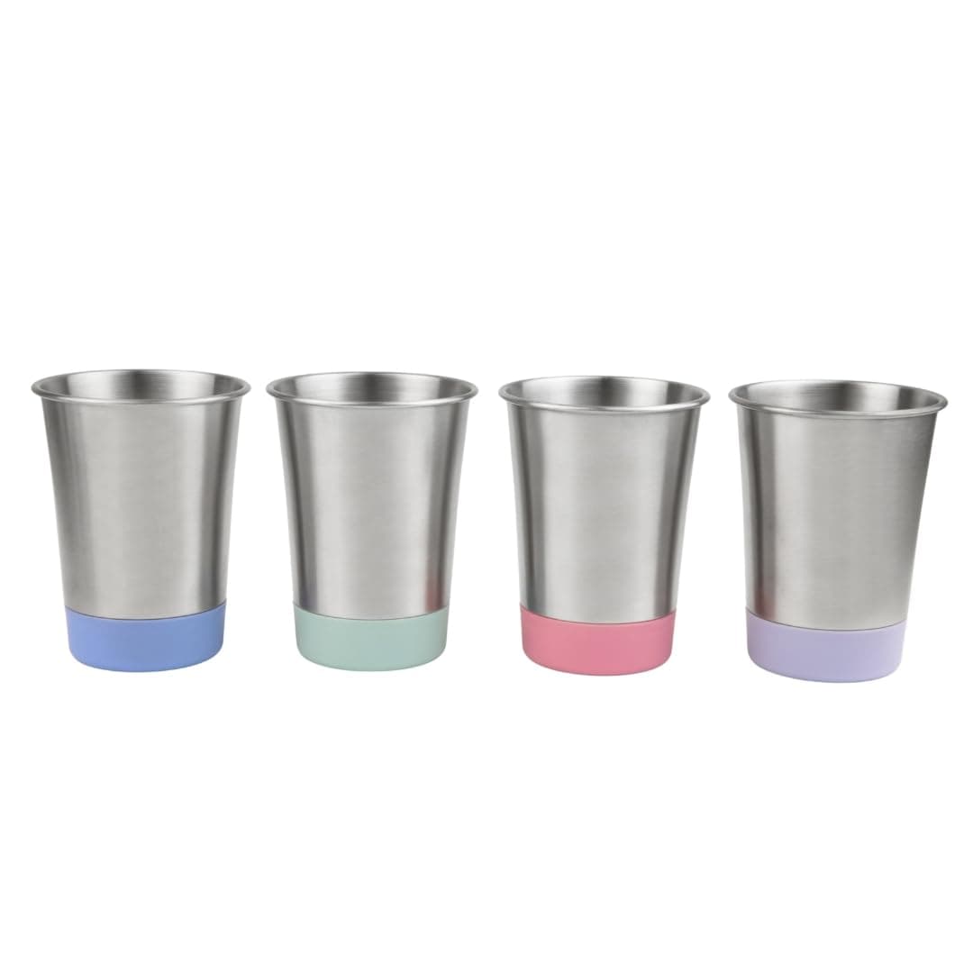 Elk and Friends Stainless Steel Kids + Toddler Drinking Cups | 12oz Tumblers with Colored Base | Durable + Stackable | Travel, Camping + Outdoors | Dishwasher Safe | 4 Pack