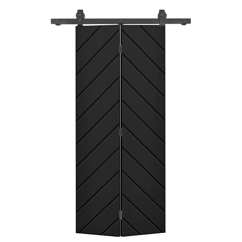 Herringbone 20 in. x 80 in. Black Painted MDF Modern Bi-Fold Barn Door with Sliding Hardware Kit