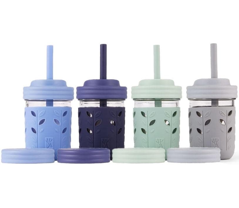 Elk and Friends Kids + Toddler Glass Cups | The Original 8oz Glass Mason Jars with Sleeves + Lids | Silicone Straws | Smoothie Cups | Food Storage | Spill Resistant | Dishwasher Safe | 4 Pack
