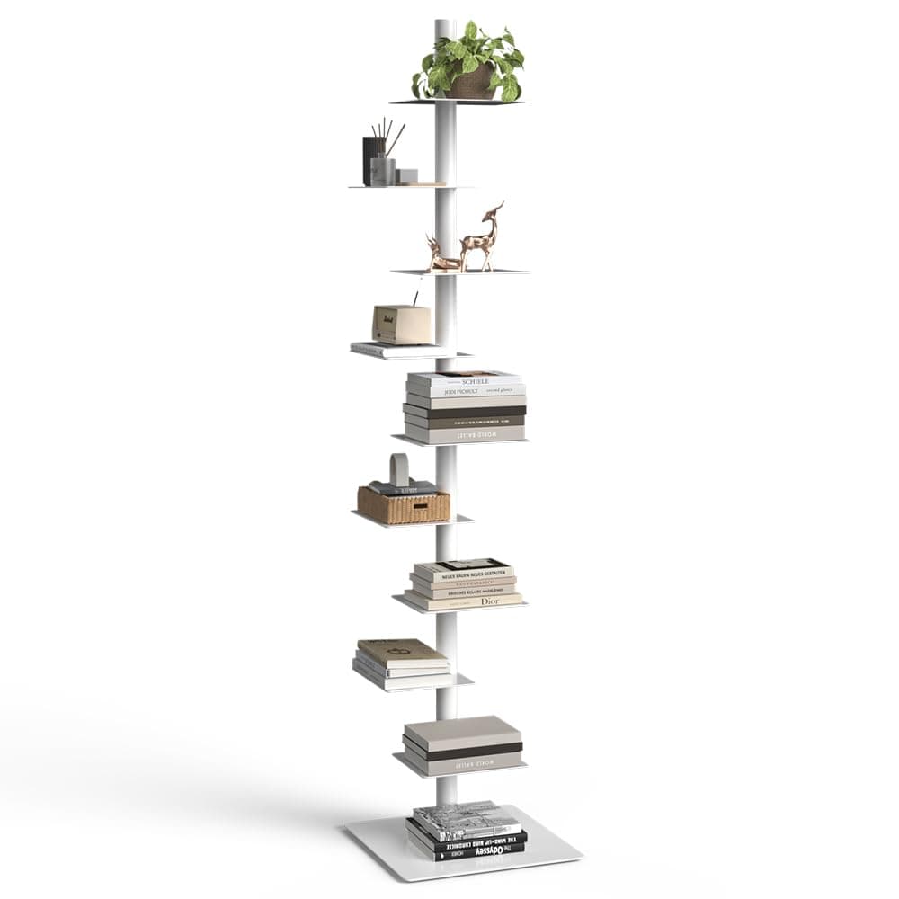 Nidouillet 9-Tier Metal Spine Bookshelf, Adjustable Vertical Tower for Books, Tall & Narrow Ladder Bookcase, Space-Saving Multipurpose Corner Storage Shelf, Display Stand, Tool-Free Assembly