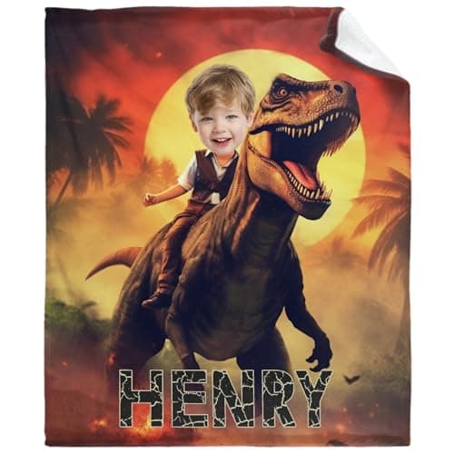 Dinosaur Knight Custom Name Photo Blanket-Personalized Baby Blanket for Girls Boys Dinosaur Lovers Dinosaur Gift for Infant Newborn Kid Soft Flannel Blanket 60"x80"