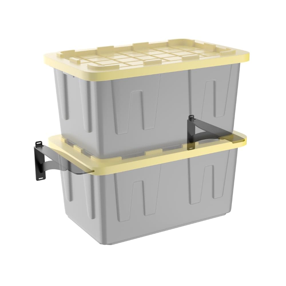 Koova Wall Mounted Tote Rack Storage System, Fits 27-Gallon Black and Yellow Commander Style Bins, Wall Mount Bracket Shelves for Garage Organization, Heavy Duty Steel, Made in USA (2-Piece Set)