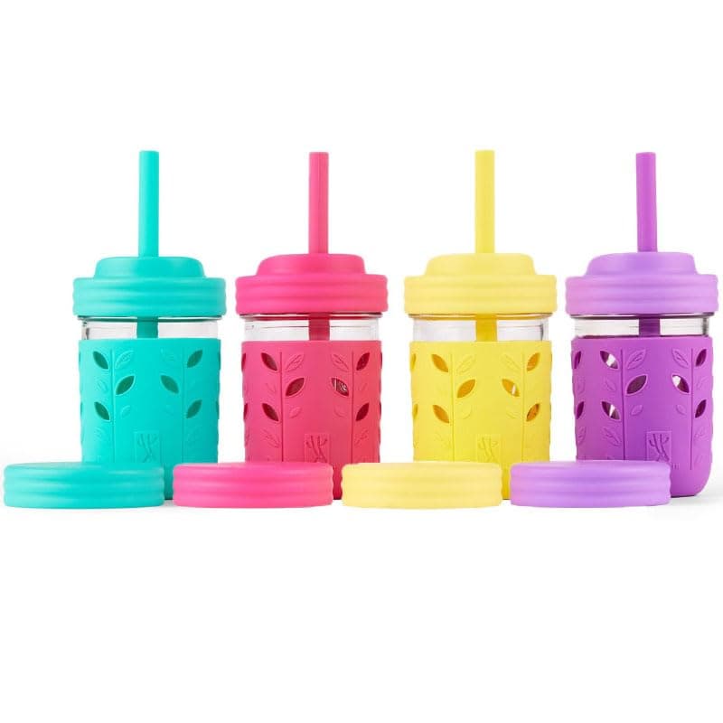 Elk and Friends Kids + Toddler Glass Cups | The Original 8oz Glass Mason Jars with Sleeves + Lids | Silicone Straws | Smoothie Cups | Food Storage | Spill Resistant | Dishwasher Safe | 4 Pack