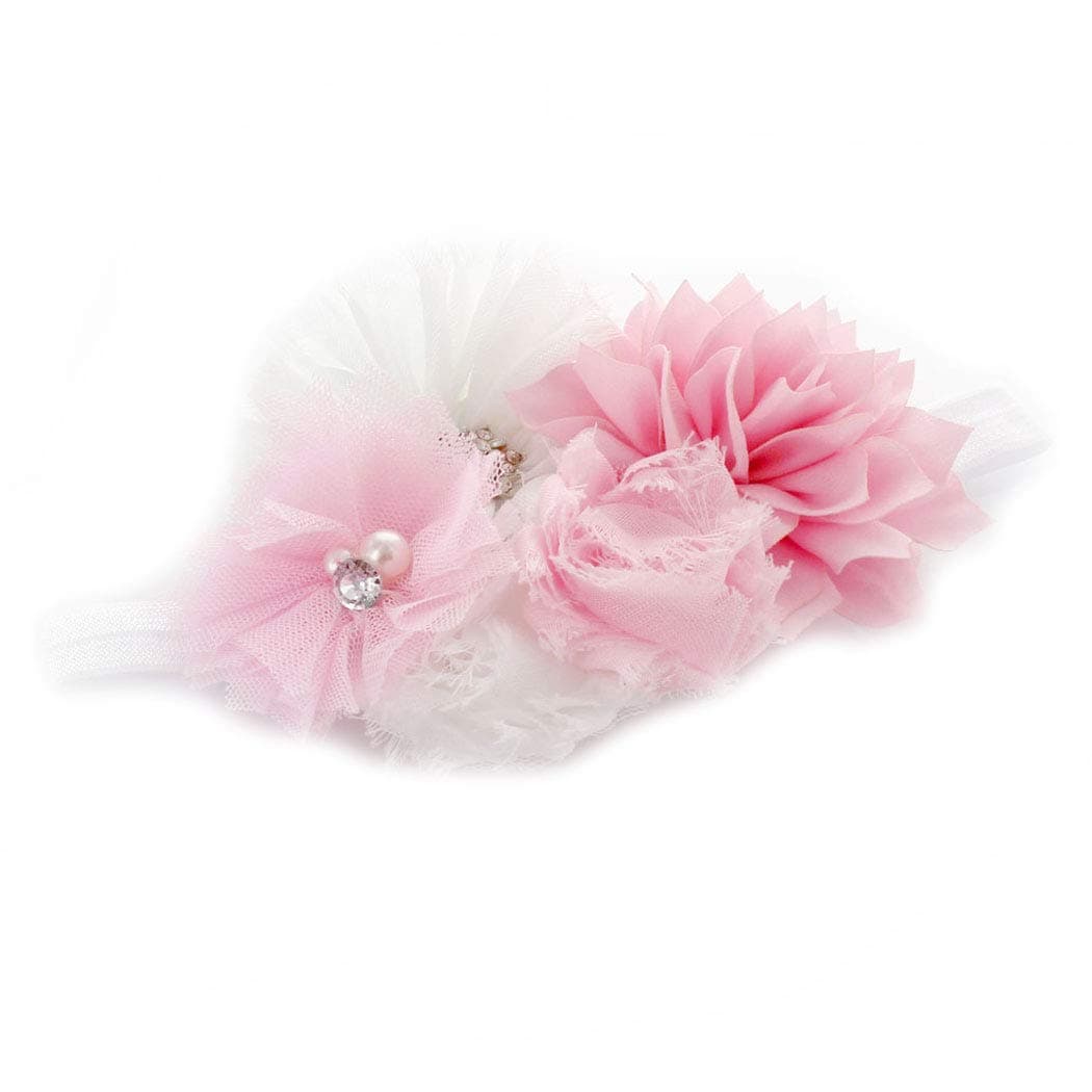 My Lello Headband Shabby Fabric Flower Cluster Baby - Infant - Toddler - Girl Stretchy Elastic Light Pink/White
