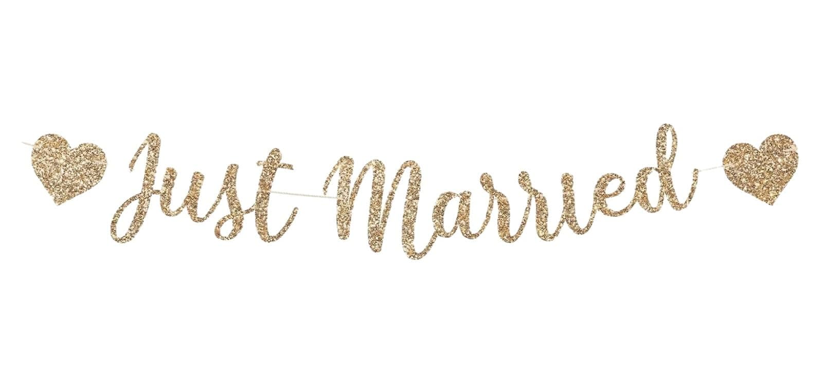 Pre-strung Just Married Banner, No DIY Just Married Sign Decorations with Gold Glitter Wedding Banner for Wedding Reception Ceremony Party