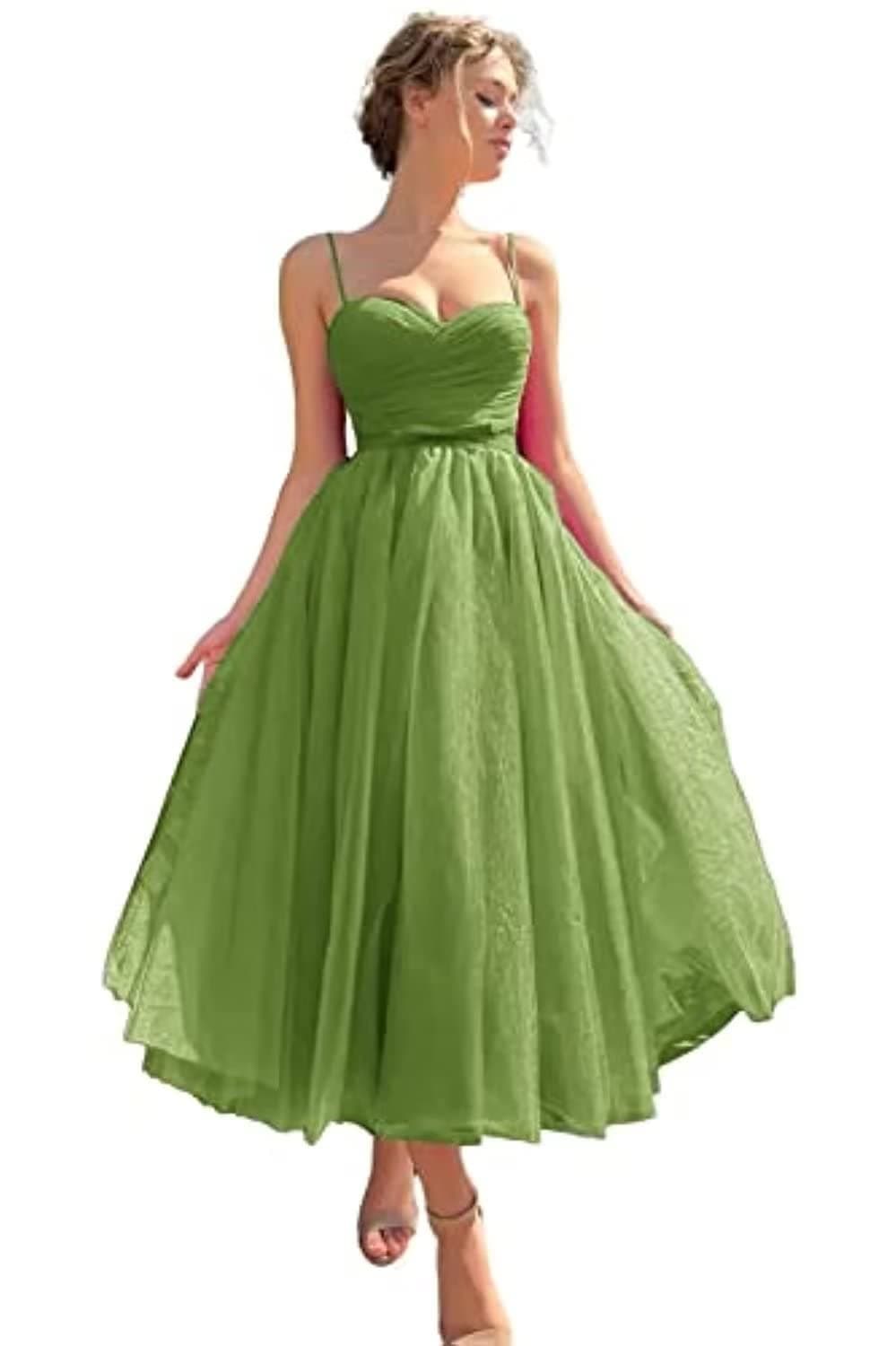 WPPUPP Tea-Length Tulle Prom Dress Sweetheart Spaghetti Straps Formal Evening Dress Ruffle a-Line Prom Party Gown with Pocket, Olive Green, 6