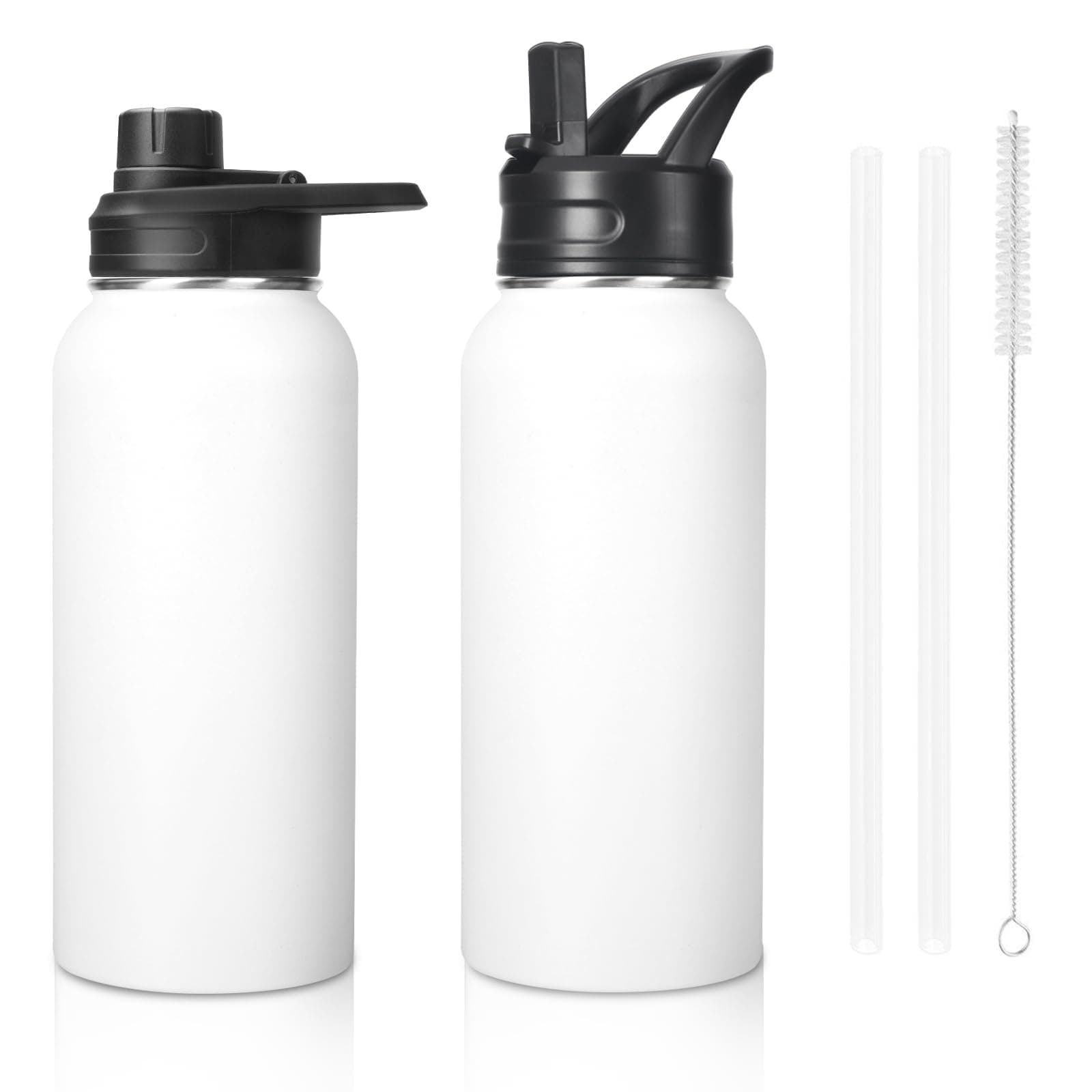 Insulated Water Bottle, 32oz Vacuum Stainless Steel Metal Sports Water Bottles with Stickers, Straw & Spout Lid (2 Lids), Double Walled to Keeps Hot and Cold, Leak Proof, BPA-Free, 32oz (White)