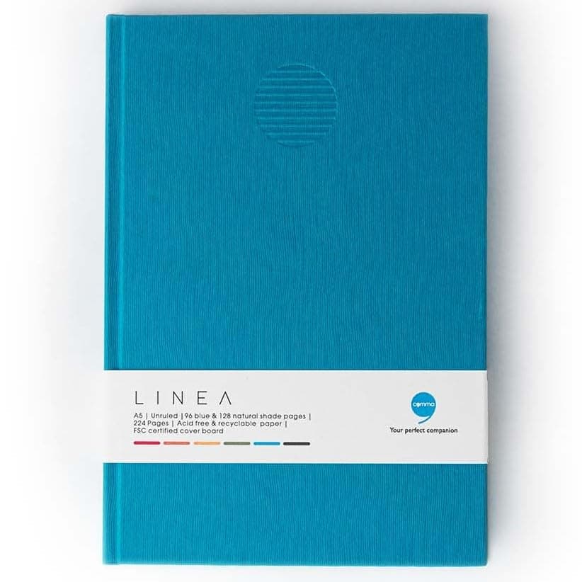 COMMA Linea | A5 size Hard Bound Notebook | 96 Coloured & 128 Natural Shade Unruled Pages of 80gsm Paper (Aqua Blue)