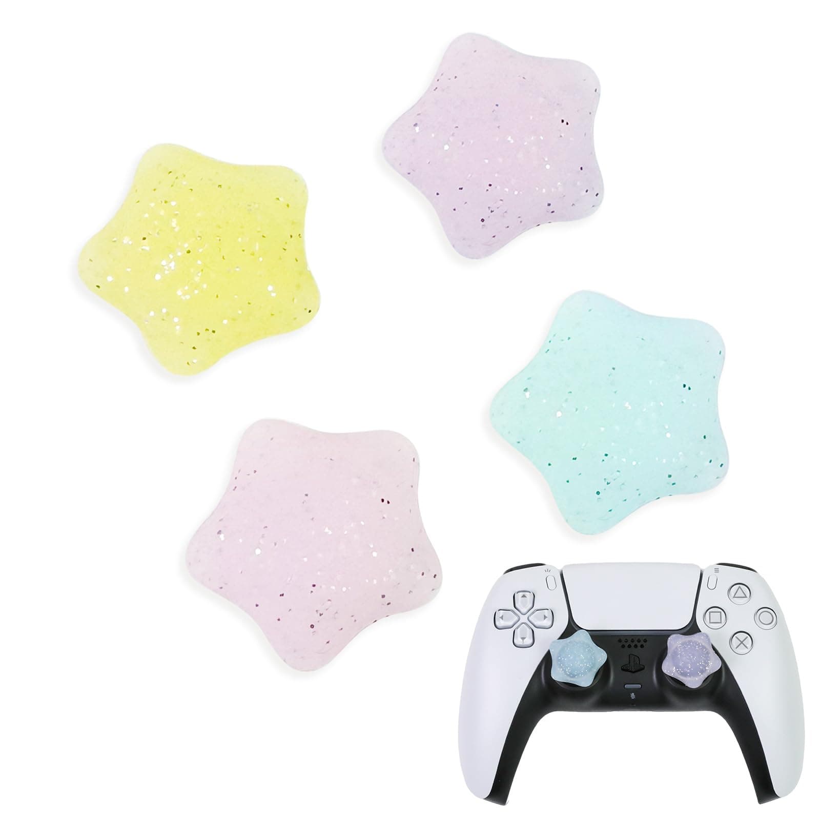 Flyingmage Glitter Star Switch 2 Joycon Thumb Grips Caps, 4 PCS Cute Kawaii 3D Silicone Analog Thumbstick Button Cover for PS5/PS4, Xbox Series X/S, Xbox One, Switch PRO Controller Joystick Caps