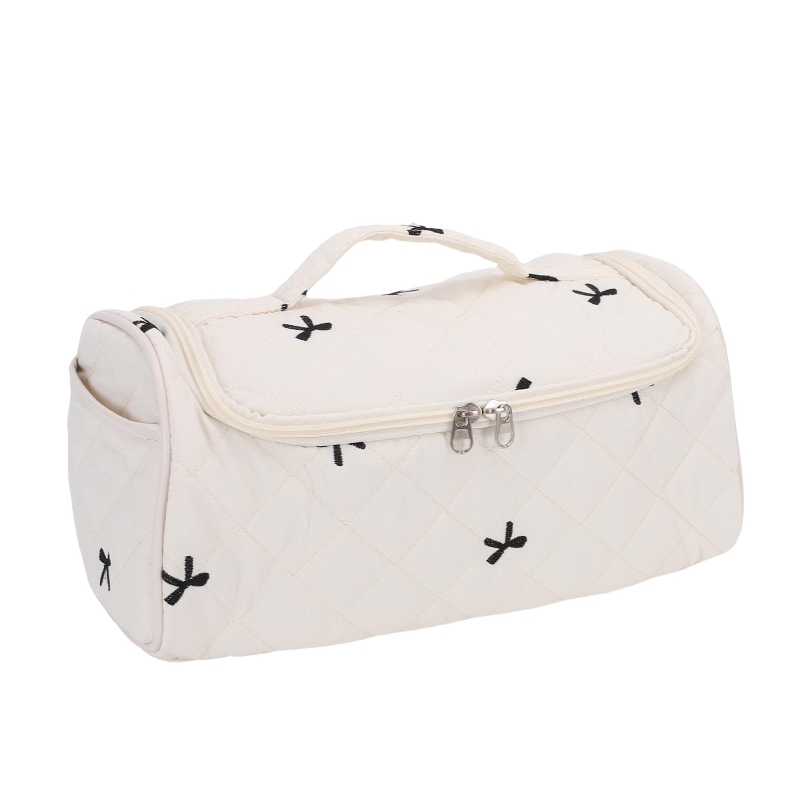 TARSHYRY Quilted Travel Case, Large Capacity Cotton Storage Bag with Rotatable Anti Slip Metal Hook, for Hair Dryer Accessories (Milky White with Black Bow)