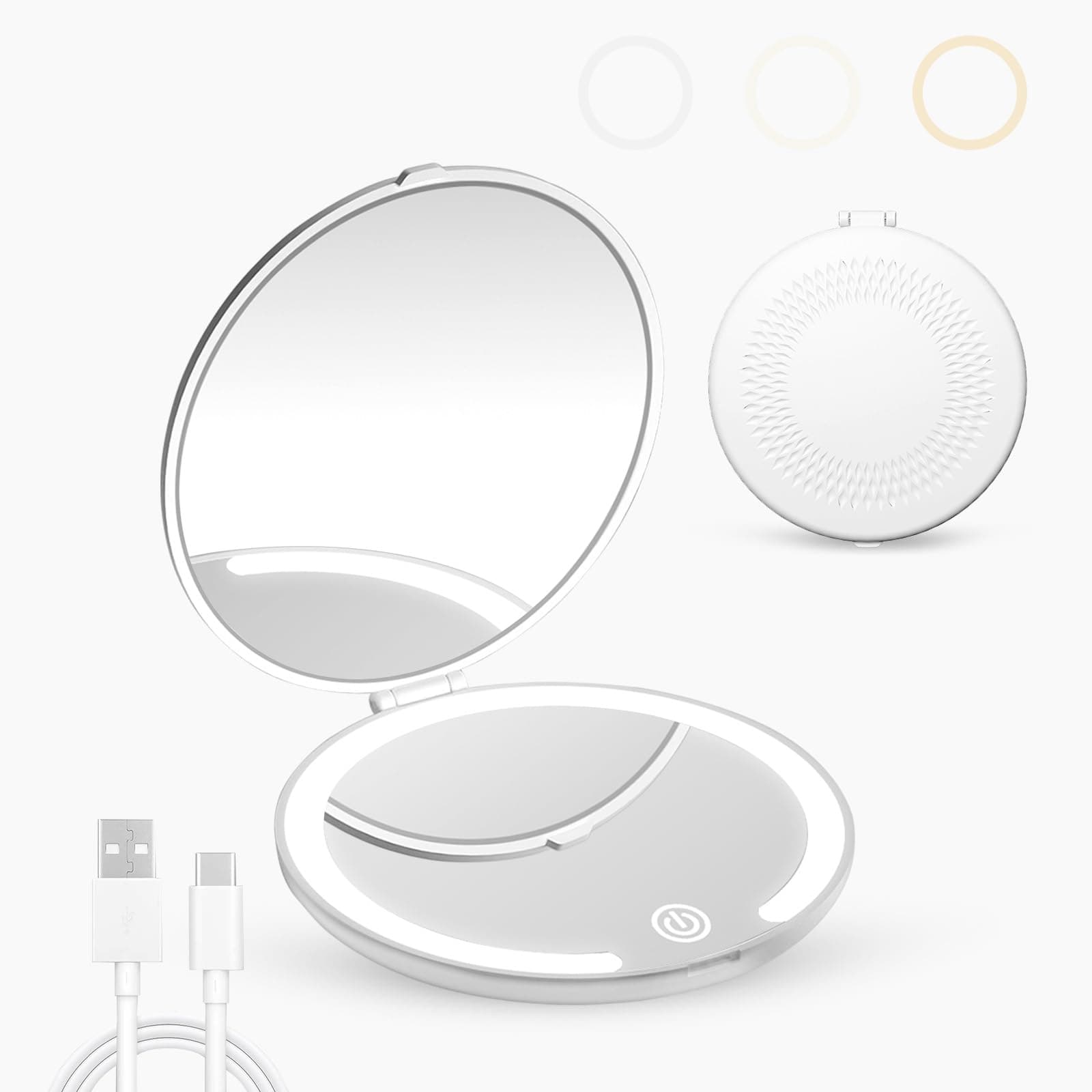 Belovedone Lighted Makeup Mirror with Magnification 1X/5X Compact Travel Mirror Portable Mini LED Pocket Mirror Double Sided USB Rechargeable Touch Screen for Handbag Purse Girls Women Gifts White