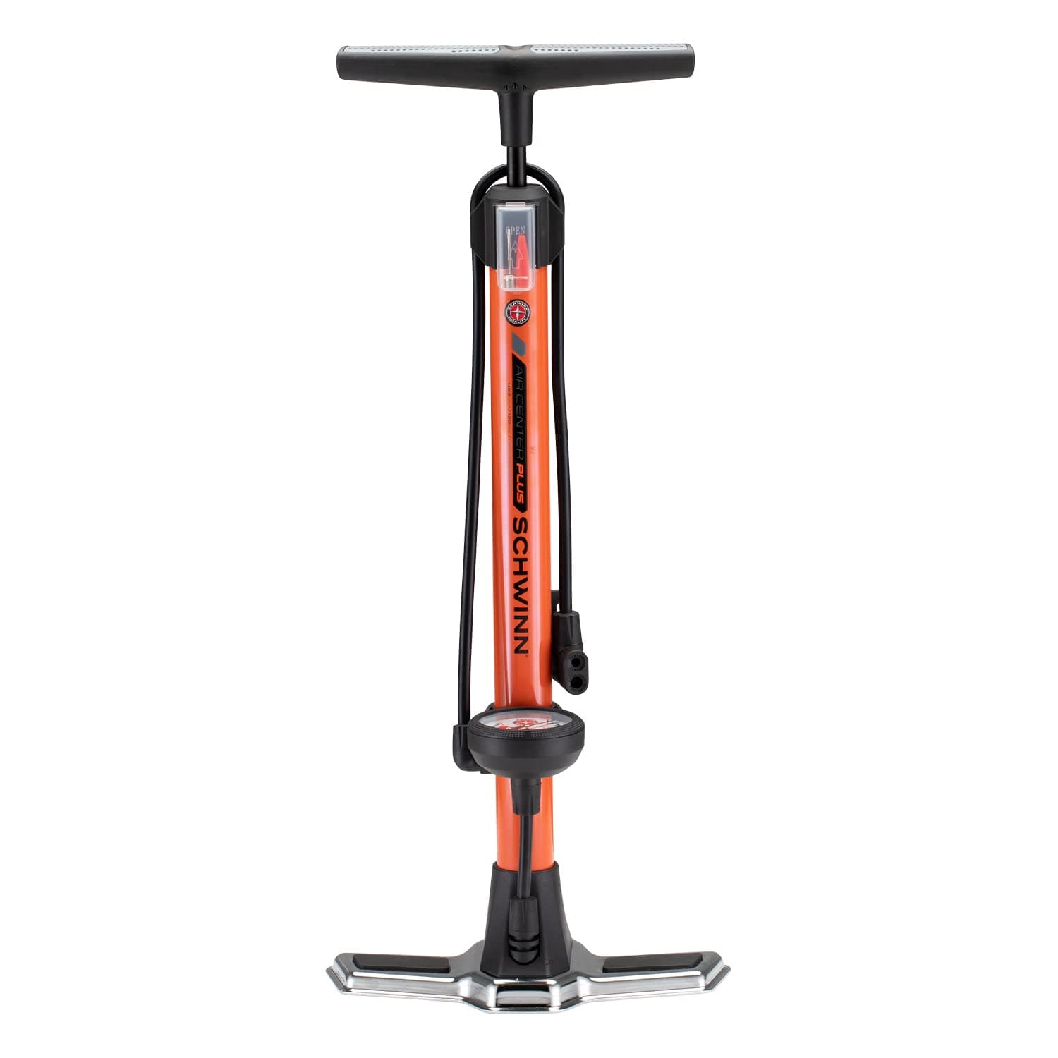 Schwinn Air Center Plus Floor Pump, For Mountain, Cruiser and Electric Bikes, 120 PSI, Soft Grip Handle, with Sports Ball Needle and Dual Head for Schrader and Presta Valves, Manual Air Pump