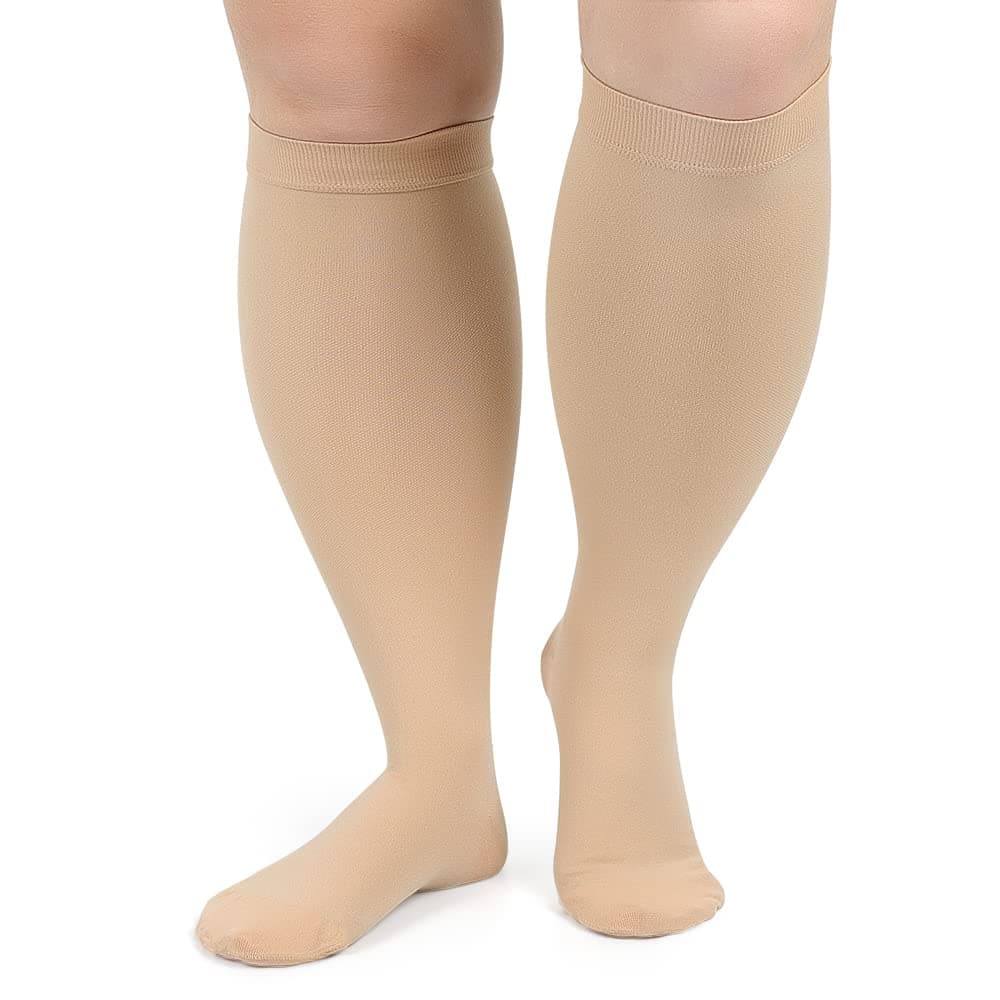 AKSO MEDICOS Plus Size Compression Socks, 20-30 mmHg Compression Socks for Women & Men, Wide Calf Knee High Stocks for Circulation Support Varicose Veins Swelling Edema,Beige L