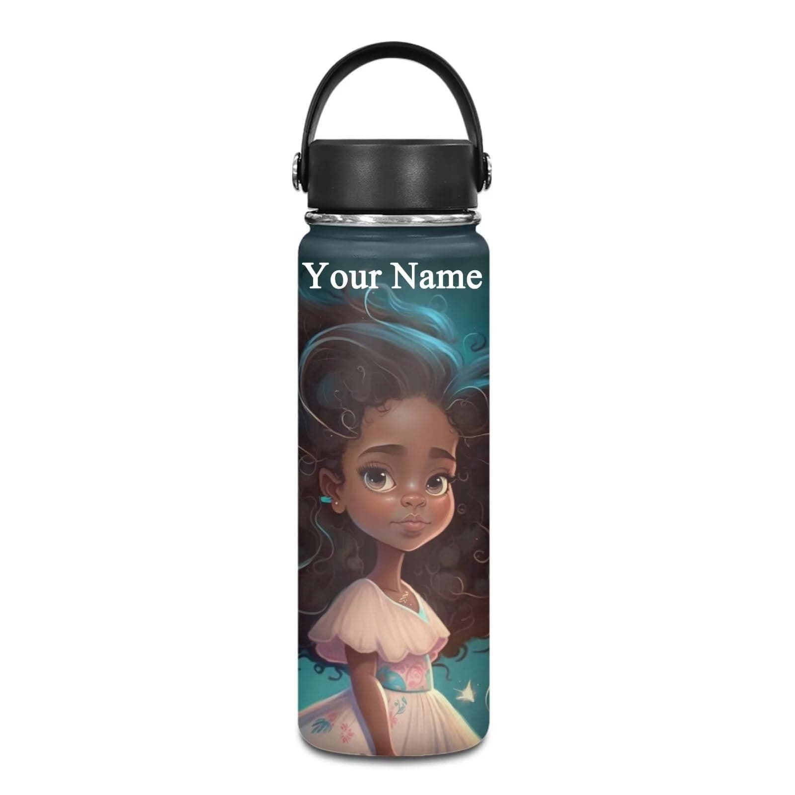 ZOUTAIRONG Custom Black African Girl Water Bottle 20 oz Insulated With Handle - Wide Mouth for Sports, Office, Travel - Cup Mug Kids Gifts American Magic Your Name/Logo Here