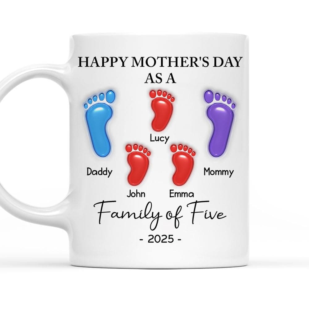 Wrappiness Happy Mother Day As A Family Mug Gift – Personalized 3D Inflated Effect Cup for New Moms – Custom Handprint Mug for Family of Five, Mother’s Day 2025