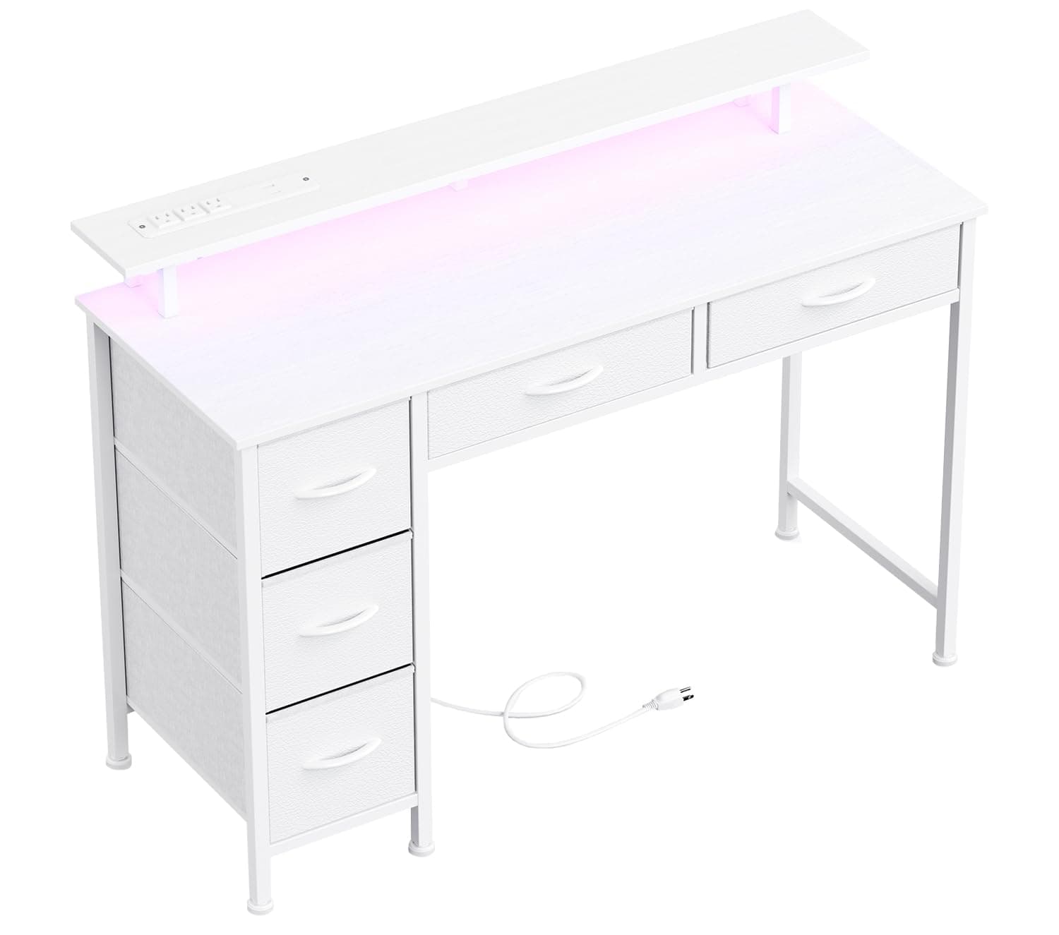 39 x 18 Inches Computer Desk with 5 Drawers, Home Office Desk with Power Outlets & LED Light, Bureau de Travail, Writing Desks with Monitor Stand & USB Ports, White PC Table