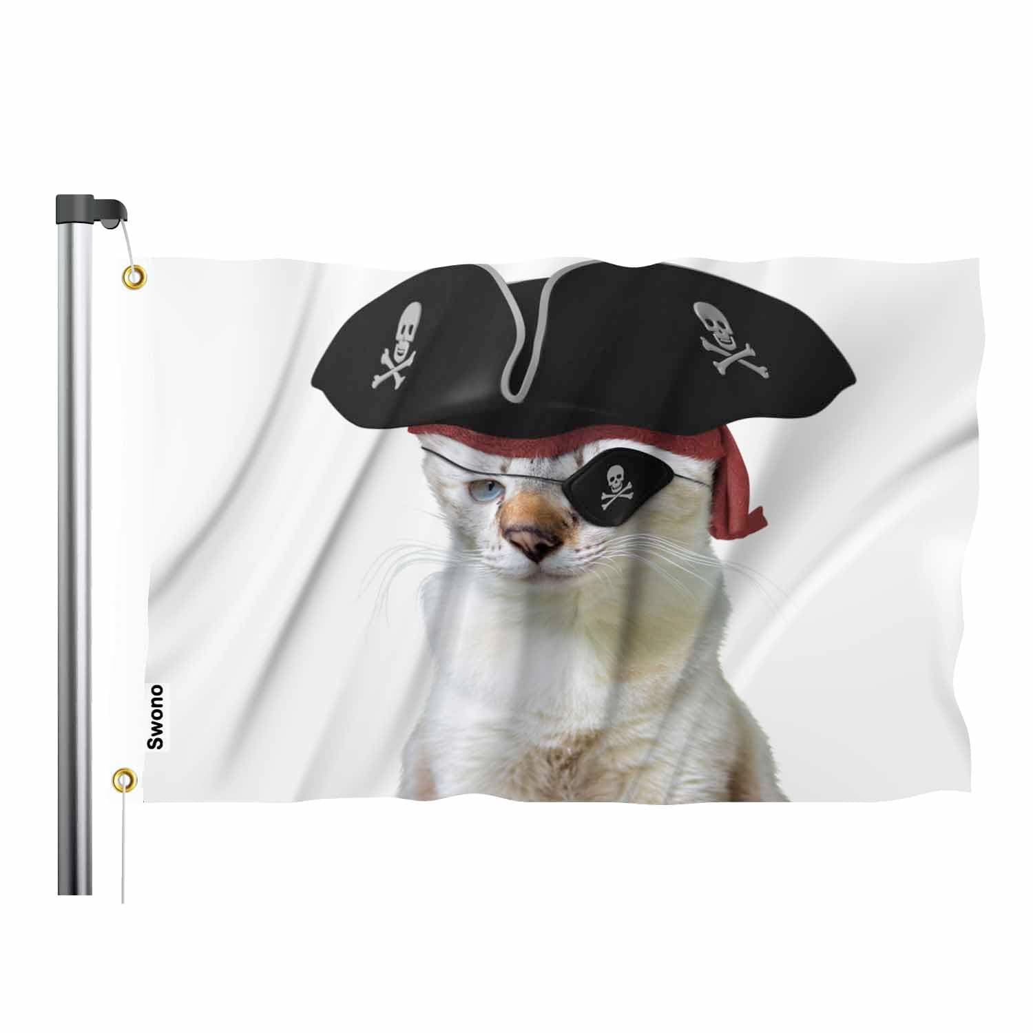 Swono Cat Pirate Flag - 3x5 ft Funny Animal Skull Blindfold Triangular Flag Kitten Captain for Outdoor & Indoor