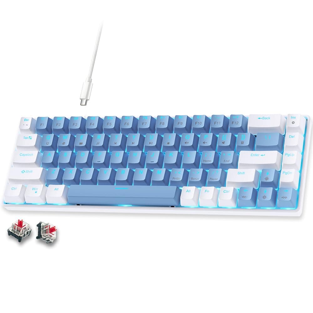 abucow 65% Mechanical Gaming Keyboard, Red Switch Wired Compact Keyboard with Blue Backlight, Swappable White Blue Keycaps, for Windows/Mac