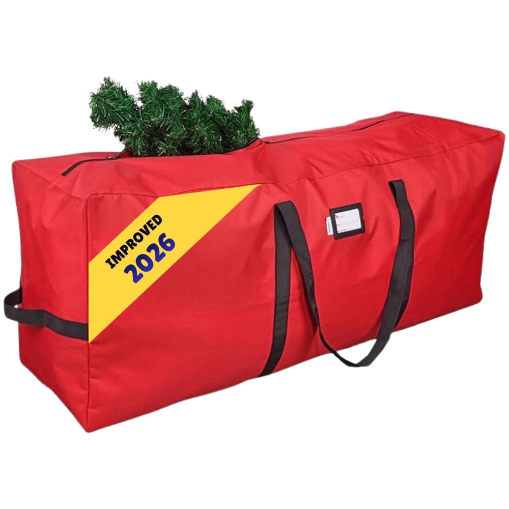 Primode Heavy Duty Christmas Tree Storage Bag | Fits Up to 7-8 Ft. Disassembled Holiday Tree | 50” x 15” x 20” Tree Storage Container | Durable 600D Oxford Material | Xmas Storage Box (Red)