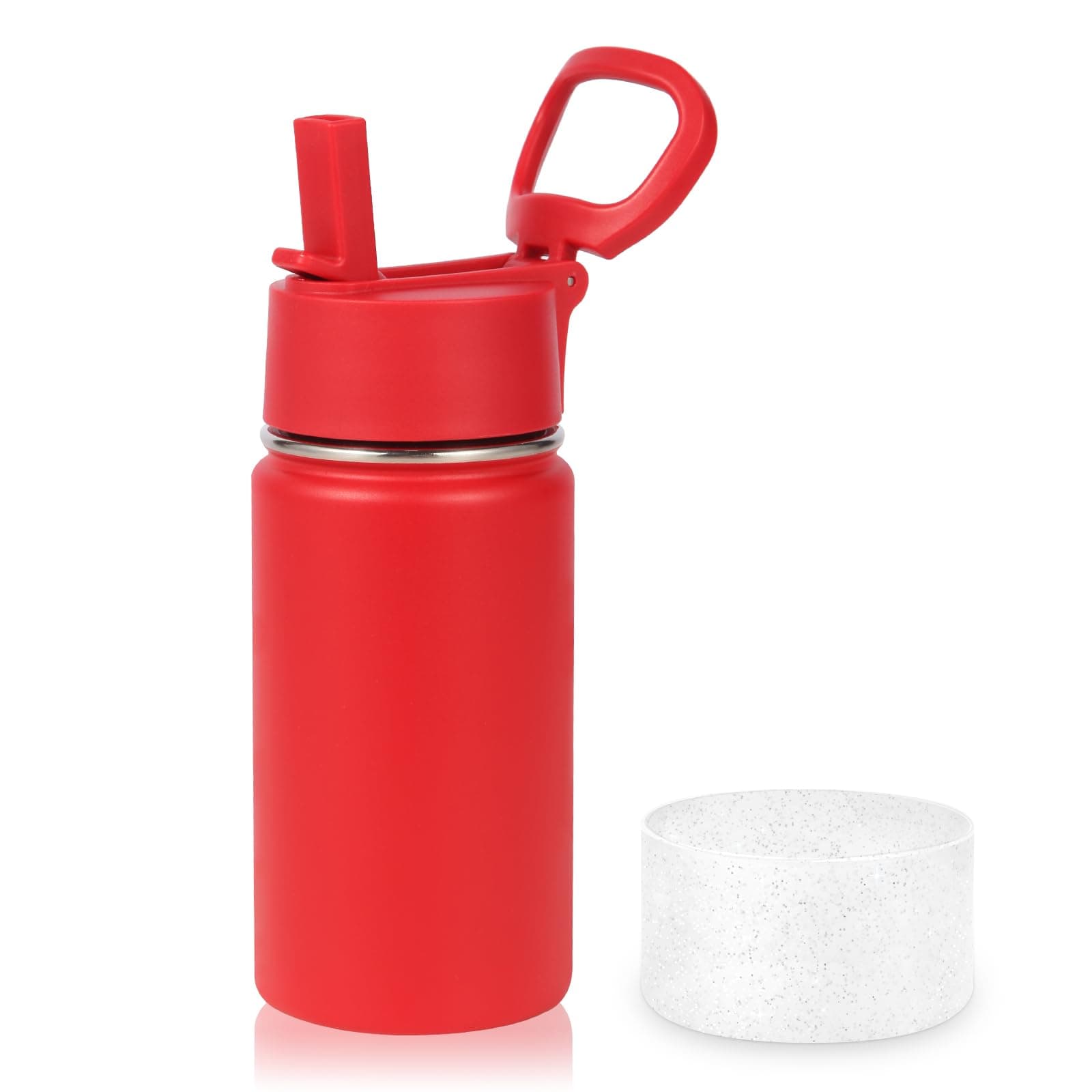 Volhoply 14oz Kids Stainless Steel Insulated Leakproof Water Bottle with Straw Lid and Silicone Boot,BPA-Free Easy Use for Boys&Girls,Double Wall Vacuum Bottles(Red,1)