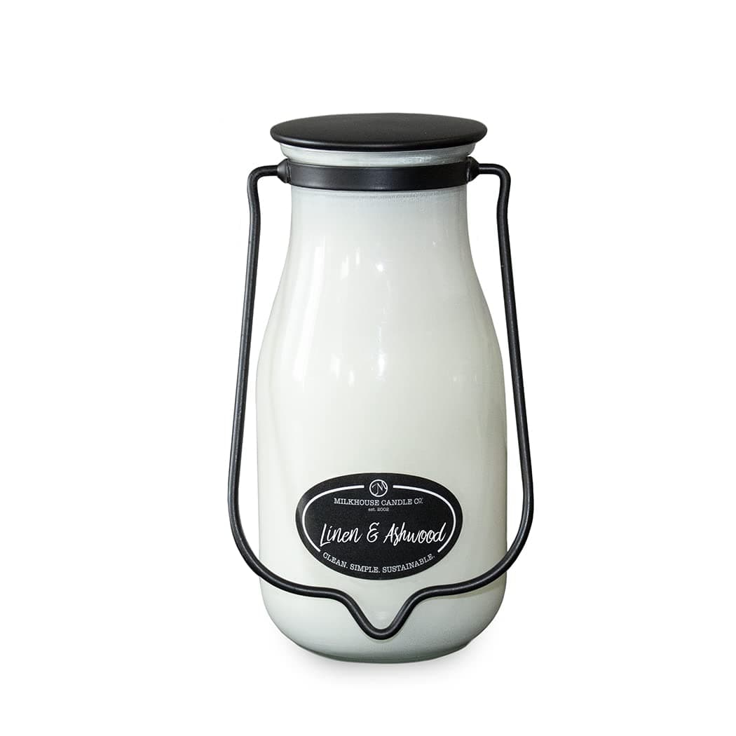 Milkhouse Candle Company Linen & Ashwood Soy Candle - Grey Musk | Dark Gilded Fruits | Tonka Bean & Amber Scented - 14 oz Milkbottle with Lid, 90+ Hour Burn Time, Made in the USA
