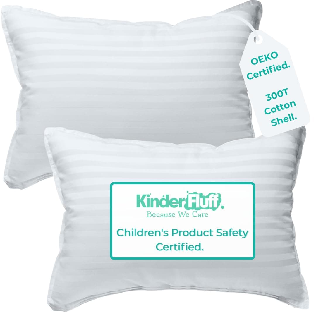 Toddler Pillow 2x–Certified Hypoallergenic Award Winning Baby Pillow (no pillowcase needed) 300TC pure Cotton Shell and Down Alternative fill. Toddler Bedding by Kinder Fluff- Kids pillow 2+ year old