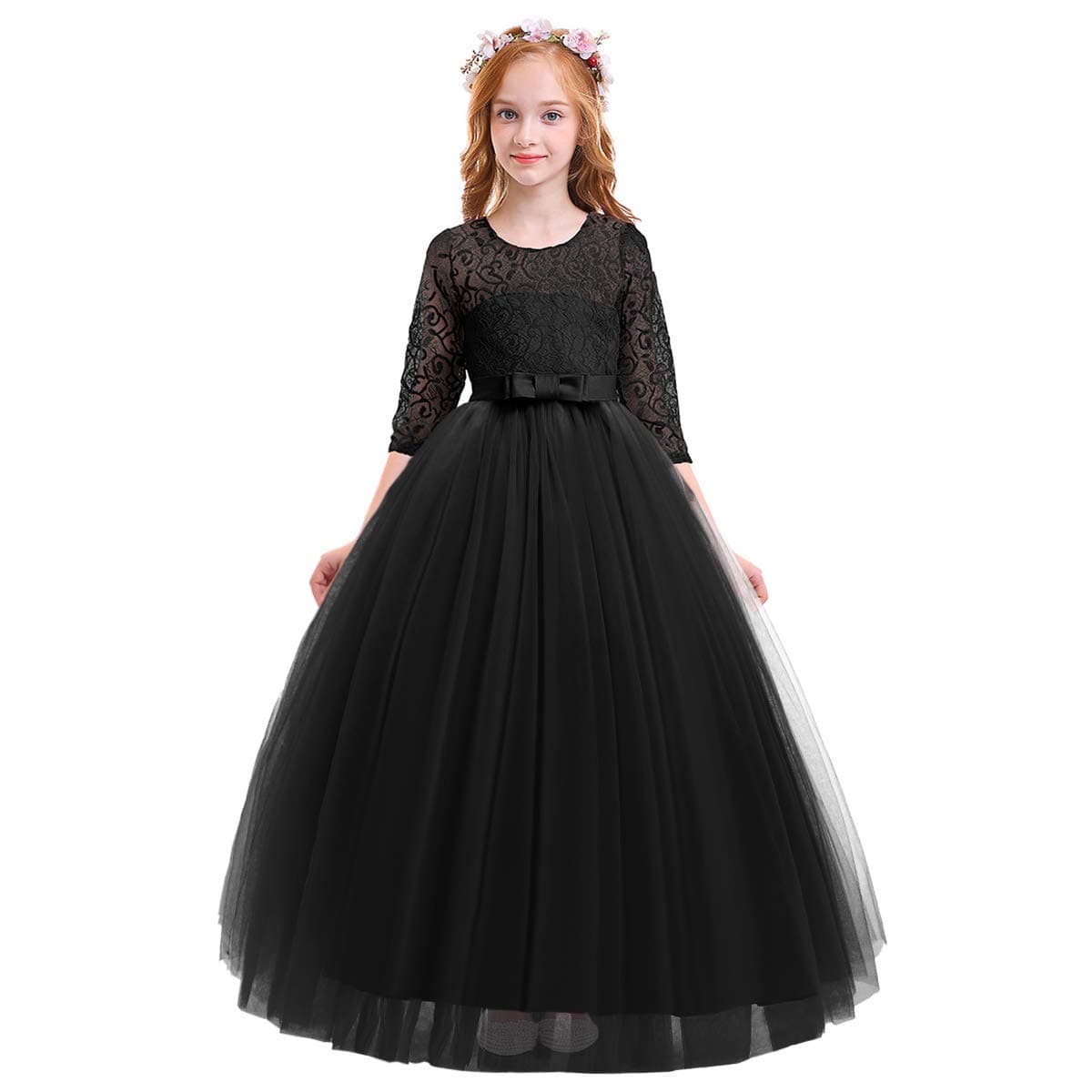 IWEMEK Flower Girls 3/4 Sleeve Floral Lace Tulle First Communion Pageant Dresses Kids Big Girls Princess Birthday Carnival Christmas Bridesmaid Wedding Party Prom Ball Gown Black 7-8 Years