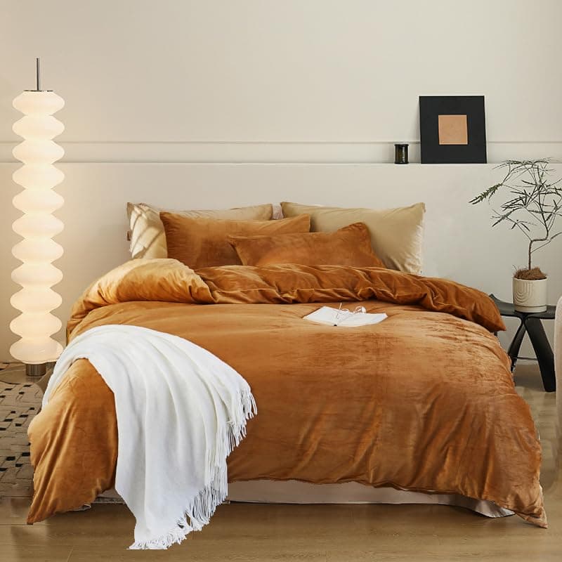 Luxlovery Pumpkin Velvet Comforter Set Full Rust Flannel Bedding Comforter Set Full Size Terracotta Warm Thick Winter Blanket Quilts Dusty Burnt Orange 3 Piece Bedding Set for Women Men