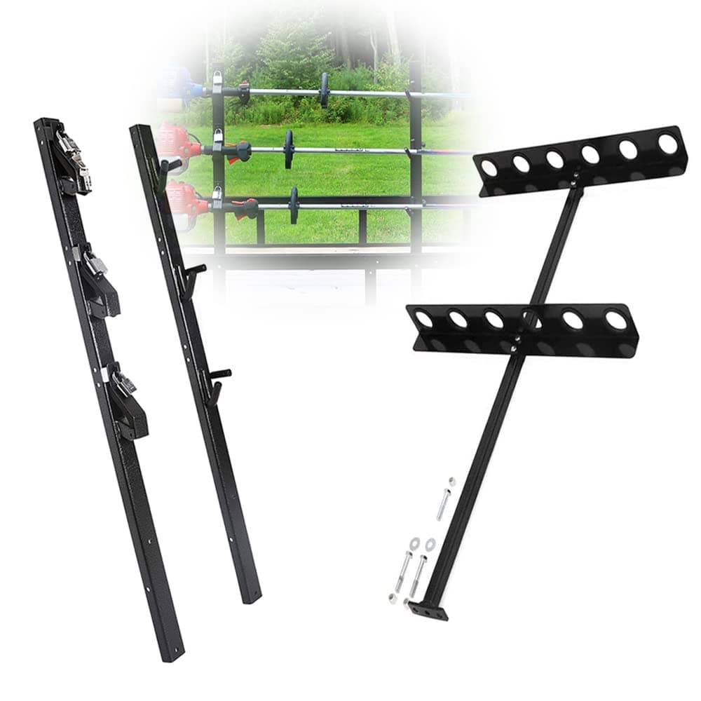 ELITEWILL 3 Place Lockable Weedeater Trimmer Rack and 6 Holes Hand Tool Rack for Open Landscape Trailer Truck