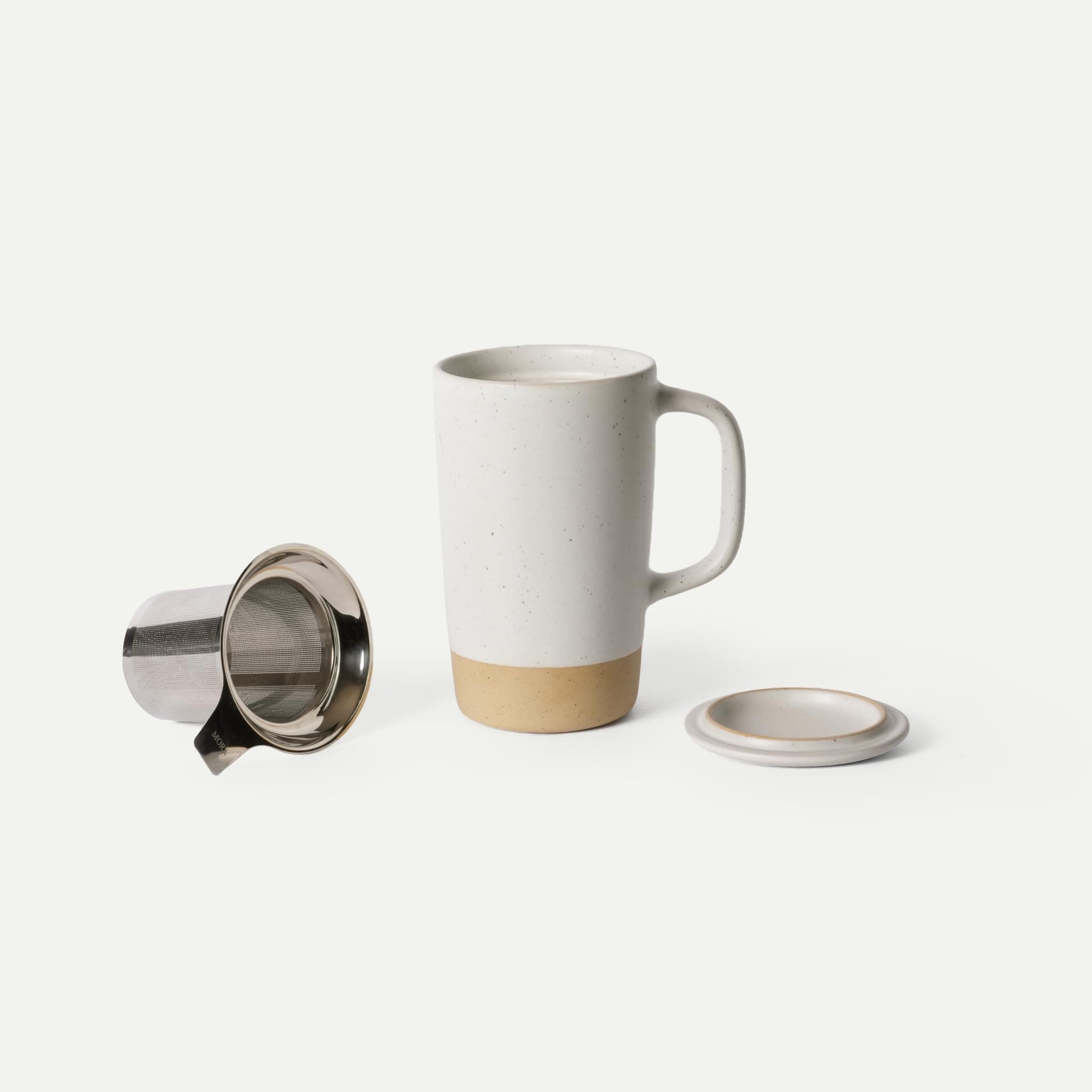 MORA Ceramics Large Tea Mug with Loose Leaf Infuser and Ceramic Lid, 18 oz, Portable, Microwave, Dishwasher Safe, Tall Coffee Cup - Rustic Matte Ceramic Glaze, Modern Herbal Tea Strainer, Oat