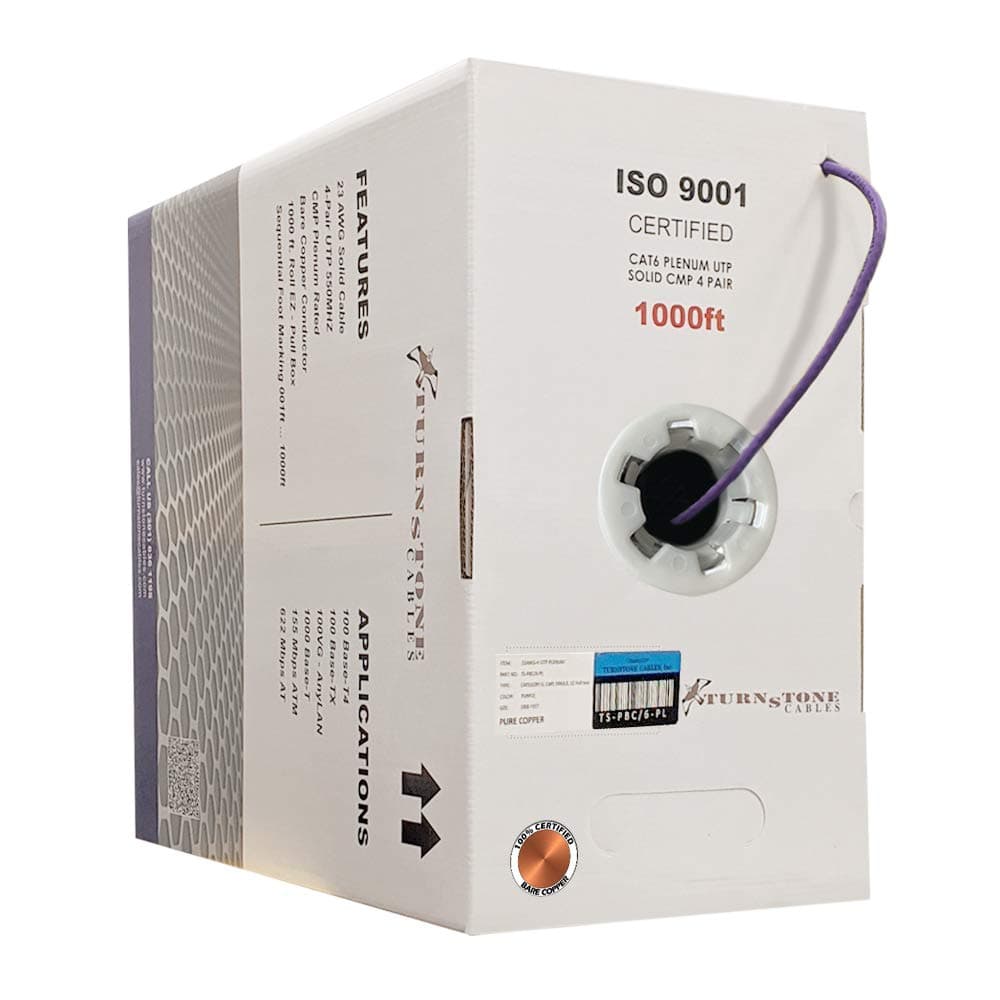 TSCables | Cat6 Plenum (CMP) 1000ft Cable, 23AWG | 100% Solid Bare Copper | 550MHz, PoE++ (4PPoE) | Unshielded Twisted Pair (UTP) Bulk Ethernet Cable, Available in 10 Colors (Purple, 1000ft)