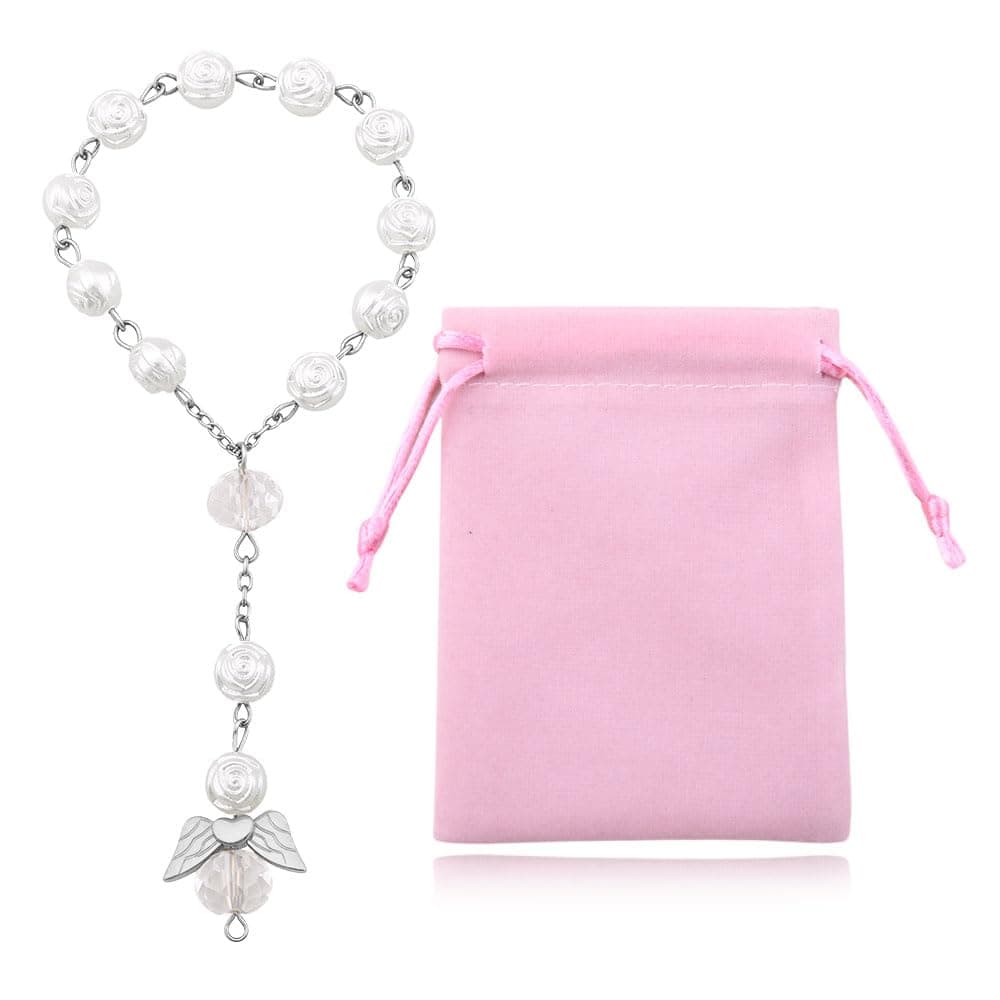 Rosary Bead Finger Bracelet for Christian Baptism Gifts Angel Wing Tassel Car Rear Mirror Hanging for Car Interior Decor First Communion Gifts Baptism Decorations Accessories with Gifts Punch