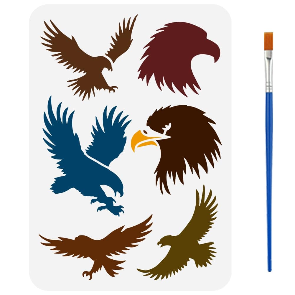 FINGERINSPIRE Eagle Silhouette Stencil with Brush 8.3x11.7inch Decorative Flying Eagle Template Hollowed Eagle Head Pattern Stencil Animal Theme Template for Wood Wall Floor Furniture Decoration