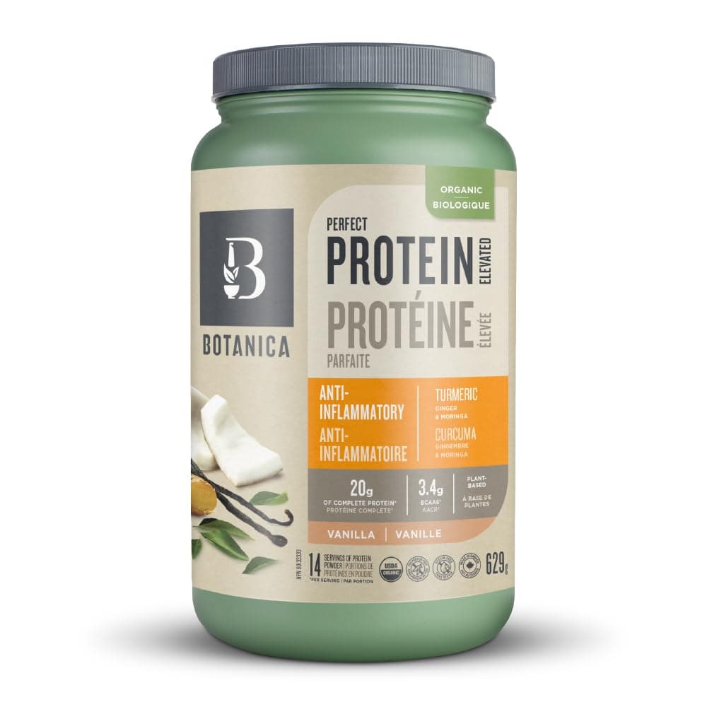 Botanica Anti-Inflammatory Perfect Protein Powder with Organic Moringa & Turmeric – Made in Canada, Gluten Free, Sugar Free – 20 g Vegan Protein + 3,458 mg BCAAs per Serving, Vanilla, 629 g, 14 Servings