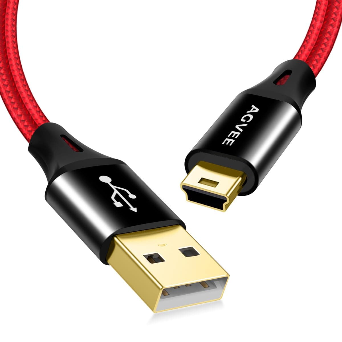AGVEE 2 Pack 1ft Mini USB Cable, Braided Durable USB-A to Mini-B Charger Charging Cord for TI-84, Garmin GPS, Go-Pro Hero 4 3 2 HD, PS3 Controller, Canon Camera, Blue Yeti Microphone, Red