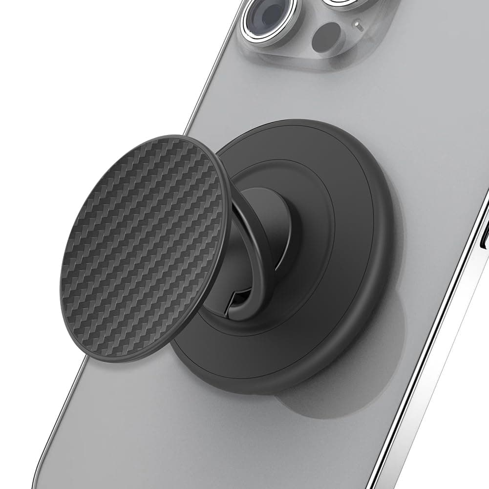 MonIdea Magnetic Phone Grip for MagSafe, Magnetic Phone Ring Holder Finger Kickstand Wireless Charging Compatible, Adjustable Cell Phone Rings Gripper Stand for MagSafe iPhone - Black Carbonite Weave
