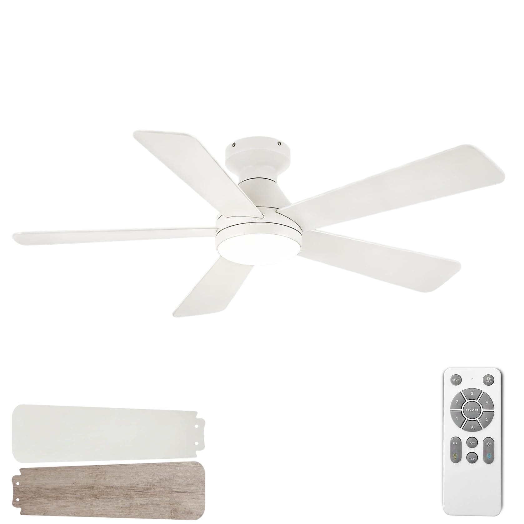 52 Inch White Flush Mount Ceiling Fan with Light Remote 3CCT Reversible