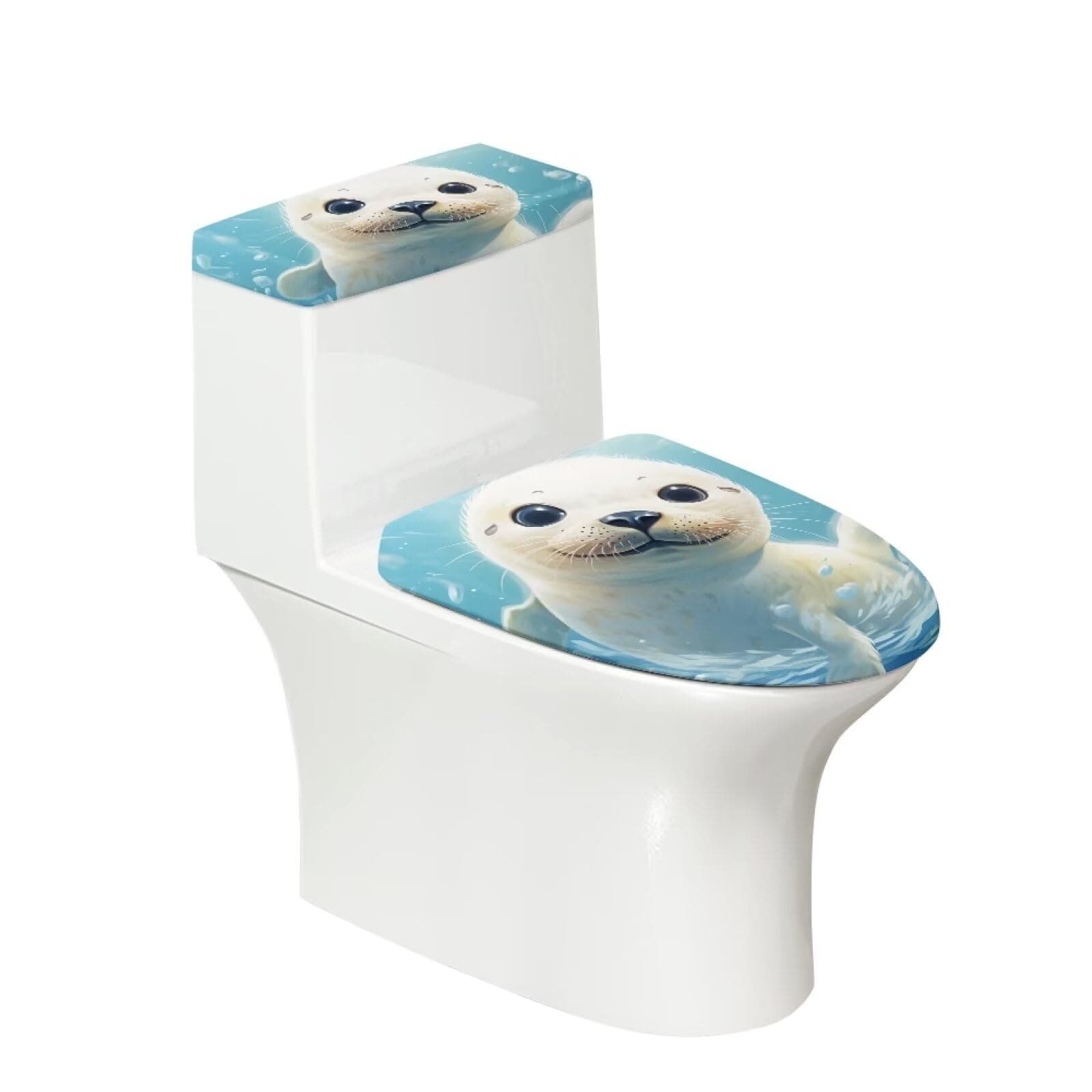ZOUTAIRONG Harp Seal Toilet Lid Cover Set Toilet Tank Lid Cover Rug Set Elastic Toilet Seat Cover Washable Home Decor Bathroom Accessories Toilet Covers Portable
