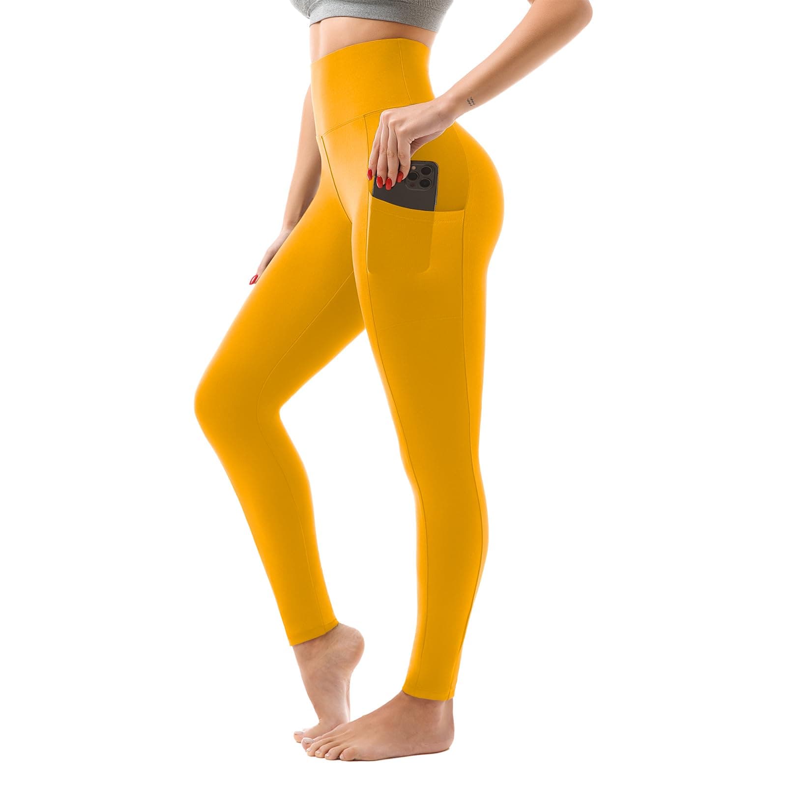 SINOPHANT High Waisted Leggings with Pockets Women, Full Length Capri Buttery Soft Stretchy Yoga Pants, Dark Yellow, Large-X-Large
