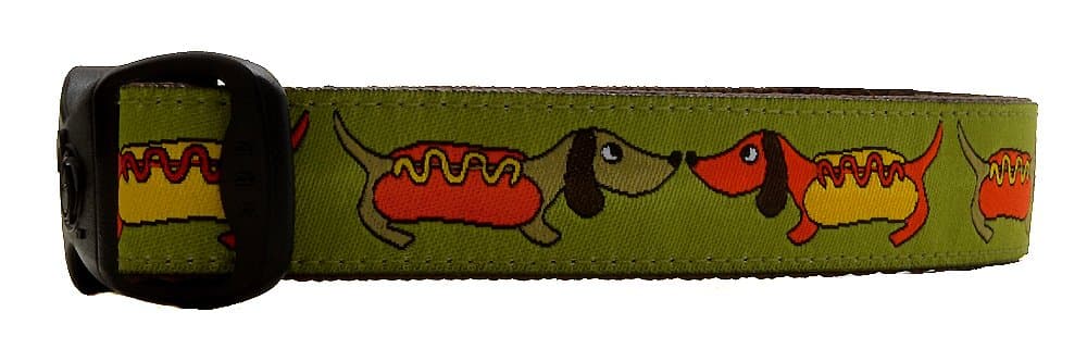 3 Dirty Dawgz Adjustable 3/4" and 1" Hot Dog Weiner Dachshund Dog Collars for Medium Large and X-Large Dogs (Small (3/4" W, 11"-15" L), Green)