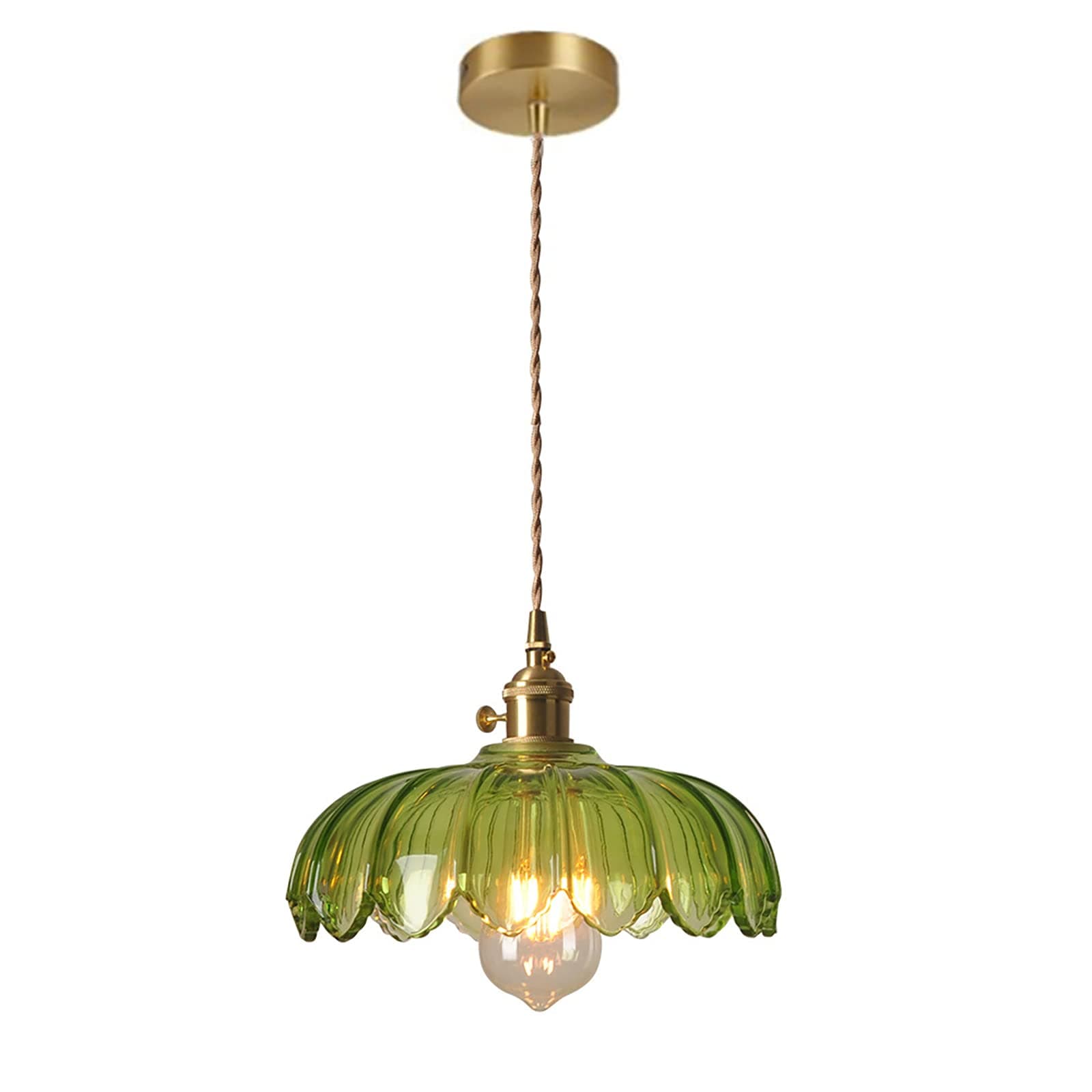 LOTREE Green Glass Pendant Light Fixtures Medium 9.8 Inches Lampshade Gold Brass Finish and Switch Vintage Pendant Ceiling Lamp Copper Farmhouse Pendant Lighting (Green)